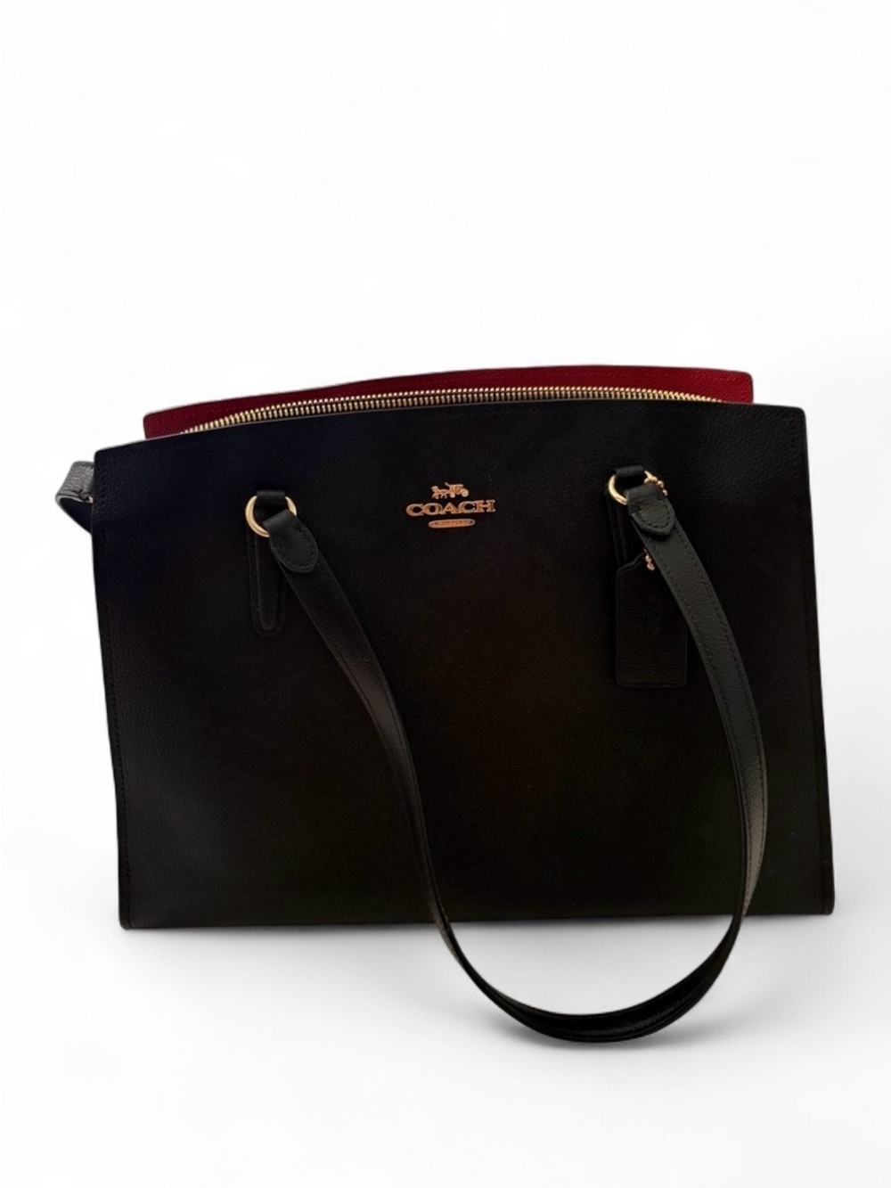 Coach Black Leather Tote with Red Accent